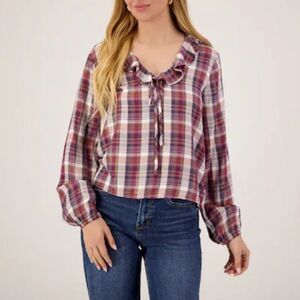 cloth & stone Mauve Plaid Ruffle-Tie Long Sleeve Top Size Large